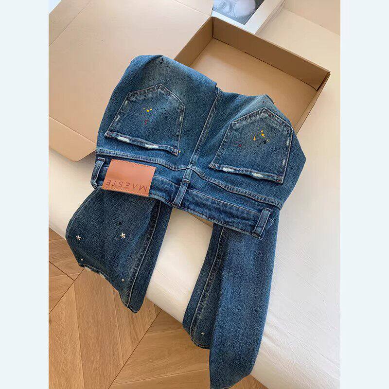 泼墨烫钻破洞牛仔裤女春季2026新款大尺码宽松显瘦设计感窄版阔腿