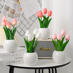 郁金香仿真花盆栽假花摆设客厅餐桌装饰插花家居干花花束摆件花艺