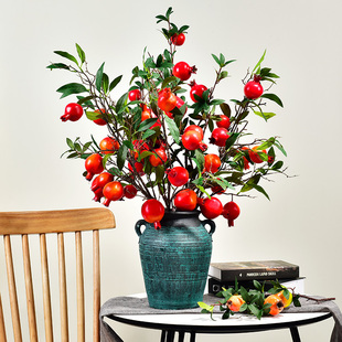 石榴果仿真花装饰干花摆件客厅餐桌玄关柿子果实假花树枝花束摆设