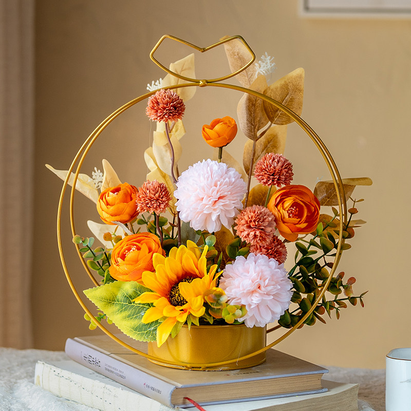 轻奢仿真花篮菊花假花束插花束室内客厅书房摆件摆设装饰喜庆高级