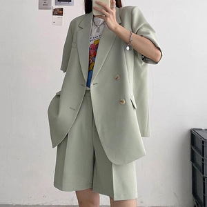夏季大码薄款高级感西装套装女胖mm休闲中长款西服高腰短裤两件套