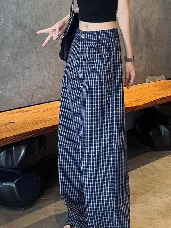 潮牌慵懒蓝色薄款休闲阔腿裤松紧垂感显瘦宽松休闲裤高腰格子裤女