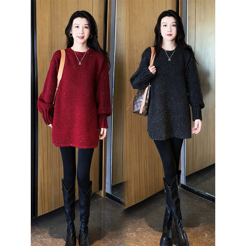 潮牌毛针织衫女冬新款慵懒风宽松亮片毛衣大码胖MM显瘦遮屁股上衣