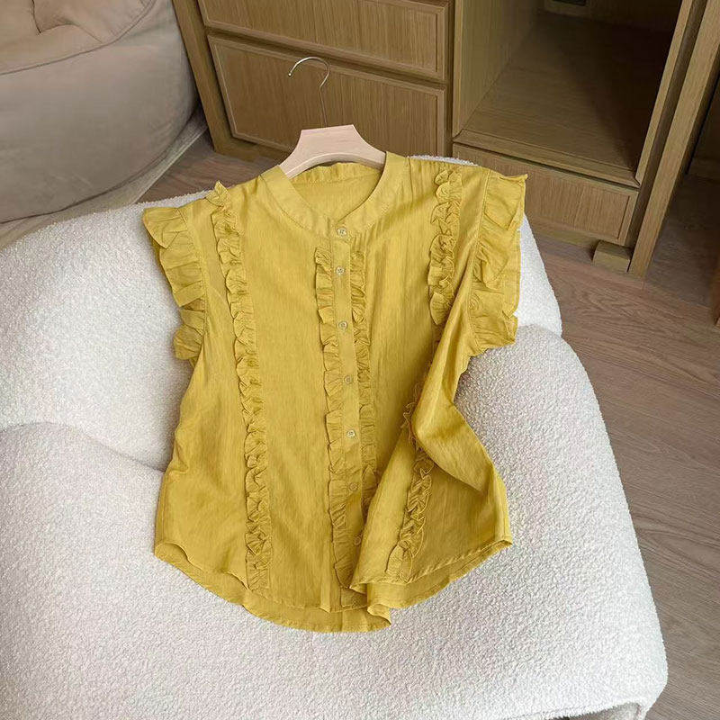 潮牌简约韩版时尚花边拼接无袖衬衫单排扣小衫休闲洋气漂亮上衣