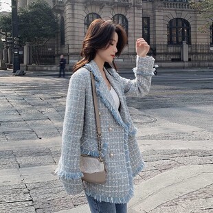 新款 外套女秋季 气质名媛小个子千鸟格西服 蓝色翻领小香风西装 法式