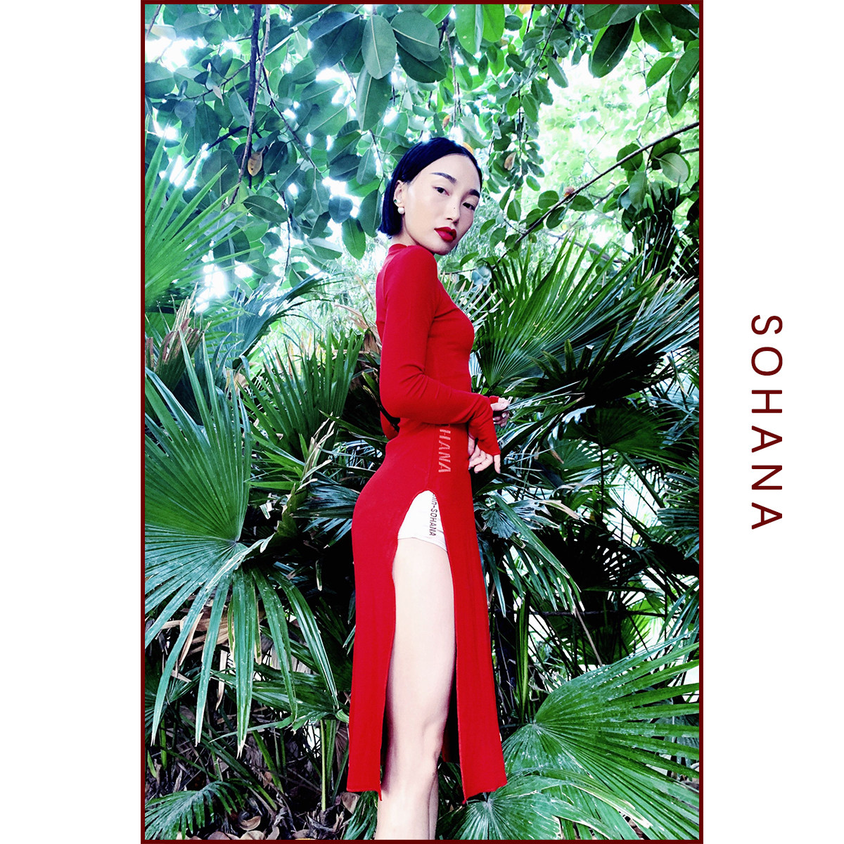 王润Hana原创 牛奶面料超弹力 细螺纹优雅半高领 开叉修身长袖