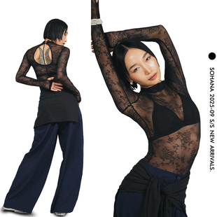 王润SOHANA2025秋新款蕾丝辣妹性感新中式露背紧身大弹力连体衣