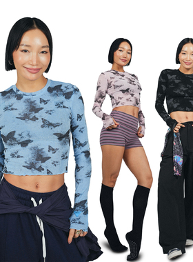 王润原创SOHANA2025蝴蝶印花3.0塑身长袖露脐T恤