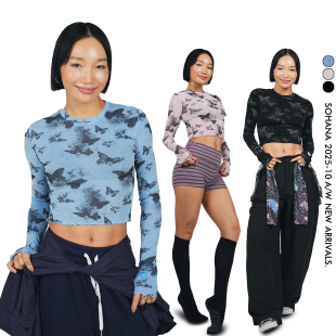 王润原创SOHANA2025蝴蝶印花3.0塑身长袖 露脐T恤