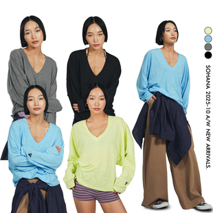 王润SOHANA2025秋新款2.0V领蝙蝠袖云朵感纸片人宽松显瘦长袖上衣