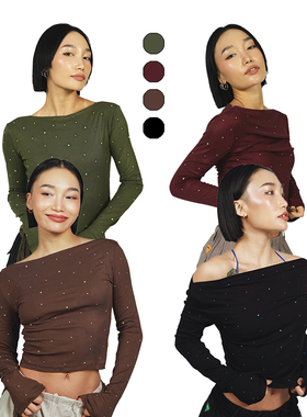 王润SOHANA2024 一字肩浪漫休闲显瘦百搭烫钻满天星长袖打底T恤