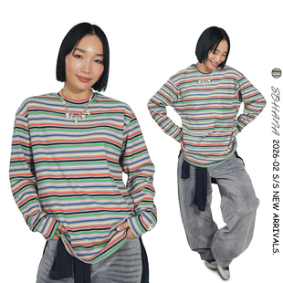 王润SOHANA2026春季 彩虹条纹宽松纸片人简约宽松T恤 坑条3.0长袖