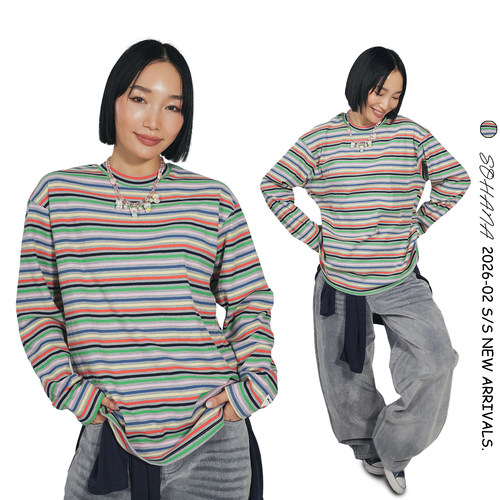 王润SOHANA2026春季坑条3.0长袖彩虹条纹宽松纸片人简约宽松T恤