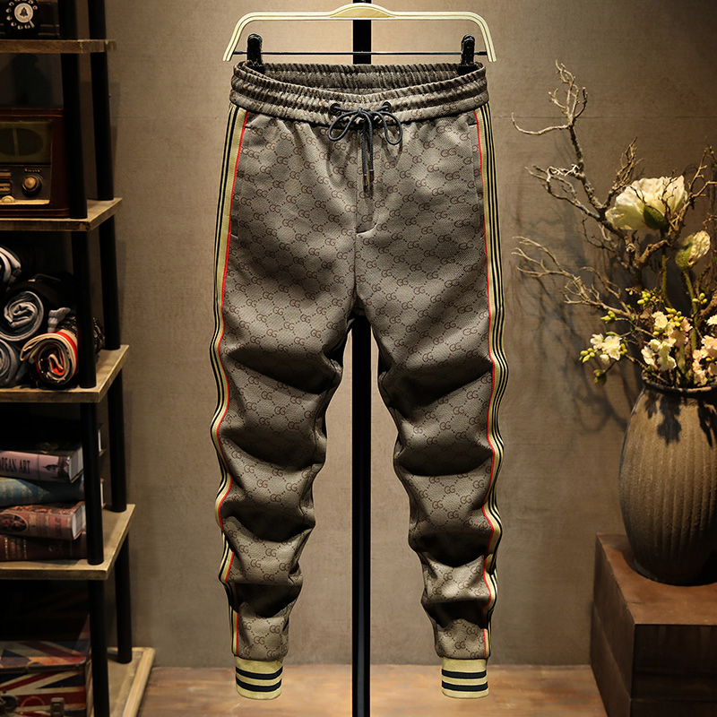 潮牌高端卫裤男秋冬季条纹欧货男装束脚宽松轻奢休闲运动裤子男士