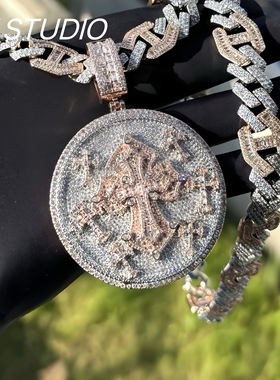 欧美项链男吊坠可旋转大转盘重工微镶锆石实心潮人男士嘻哈吊坠