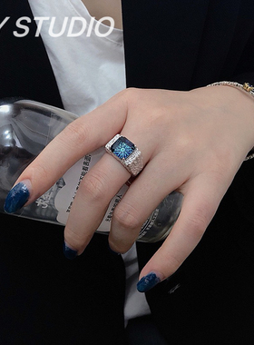 重工纹理复古蓝色方形戒指男女冷淡风时尚小众简约百搭设计感指环