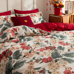 印花结婚四件套红色日常可用新婚庆床上用品全棉喜被婚礼高级感