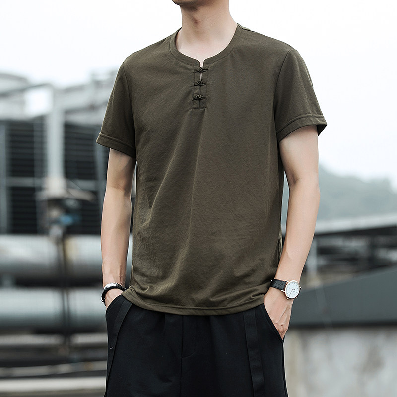 SUMMER CHINESE STYLE LINEN SHORT SLEEVE T-SHIRT RETRO TREND YOUTH HALF-SLEEVED BASE DRESS TIDE MENS COTTON AND LINEN SHIRT