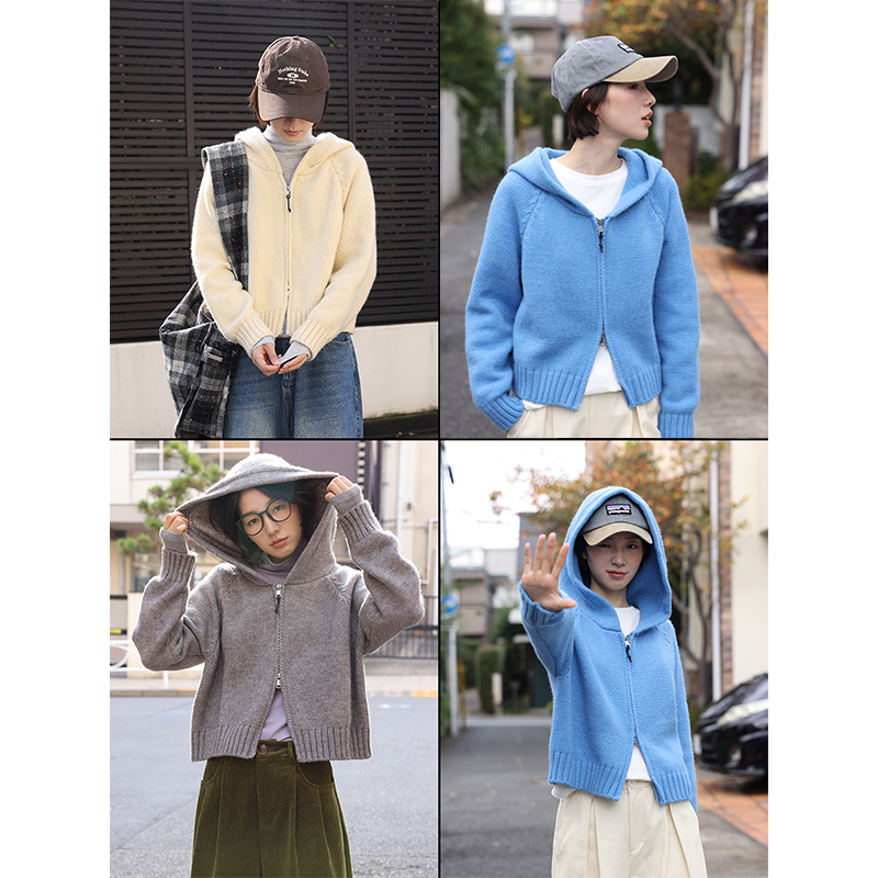 秋冬四色连帽宽松双拉头毛衣开衫