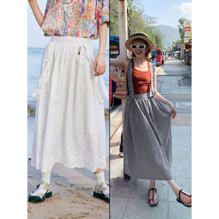 鹿与飞鸟 一裙两穿荷叶边镂空绣花黑白格背带半裙5928 无尽之夏