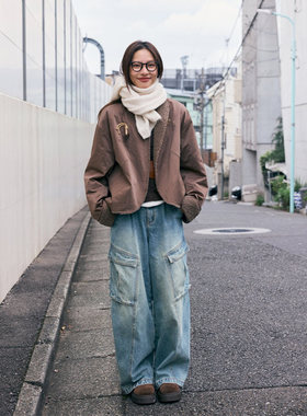 鹿与飞鸟[闲暇时间]斜角大口袋|双色复古百搭纯棉工装牛仔裤6199