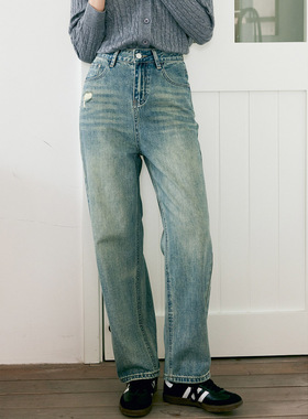 鹿与飞鸟[城市出逃]“奥维尔平原”蓝绿复古修身直筒牛仔裤5959
