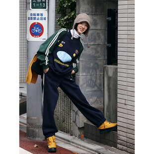 套装 鹿与飞鸟 复古撞色趣味印花加绒卫衣卫裤 美式 5486 Apricity