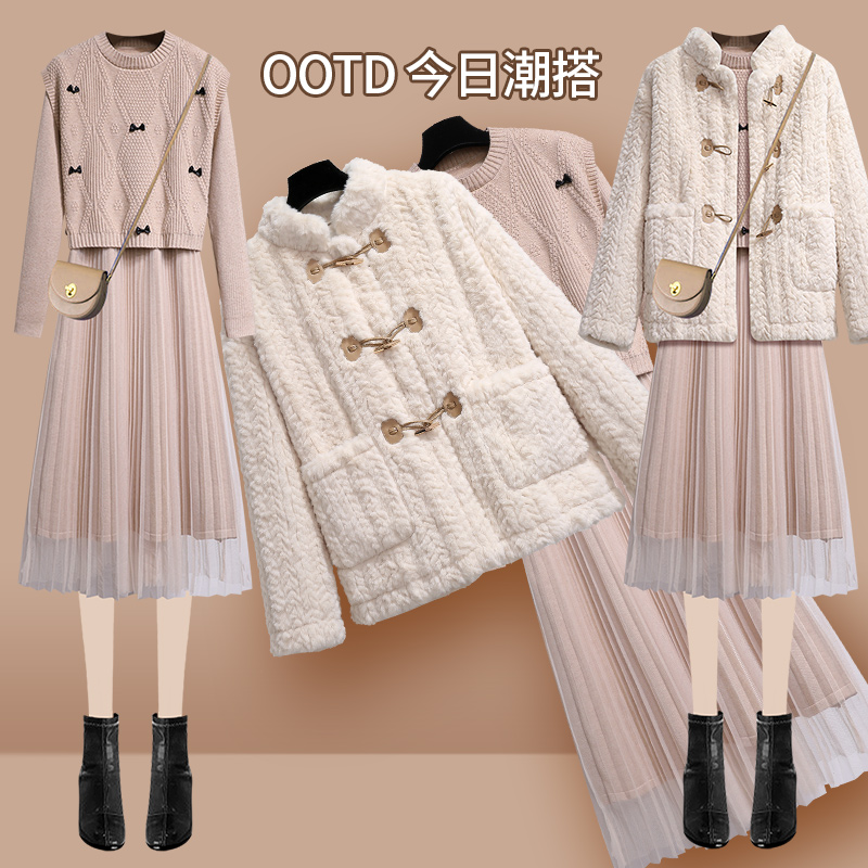 马甲连衣裙两件套女秋冬季年新款小个子打底针织毛衣裙中长款