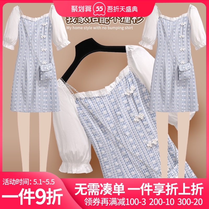 方领格子连衣裙夏季法式桔梗初恋小个子温柔风中国风改良旗袍裙子