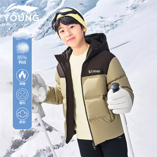 李宁儿童羽绒服短款2025冬季新款男童宽松连帽鸭绒保暖面包服外套