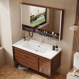 浴室柜陶瓷一体盆中古风洗漱台胡桃木洗手台盆洗脸盆柜组合新中式