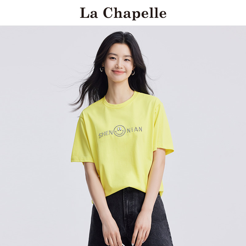 拉夏贝尔/La Chapelle短袖t恤女夏季新款黄色纯棉圆领chic上衣