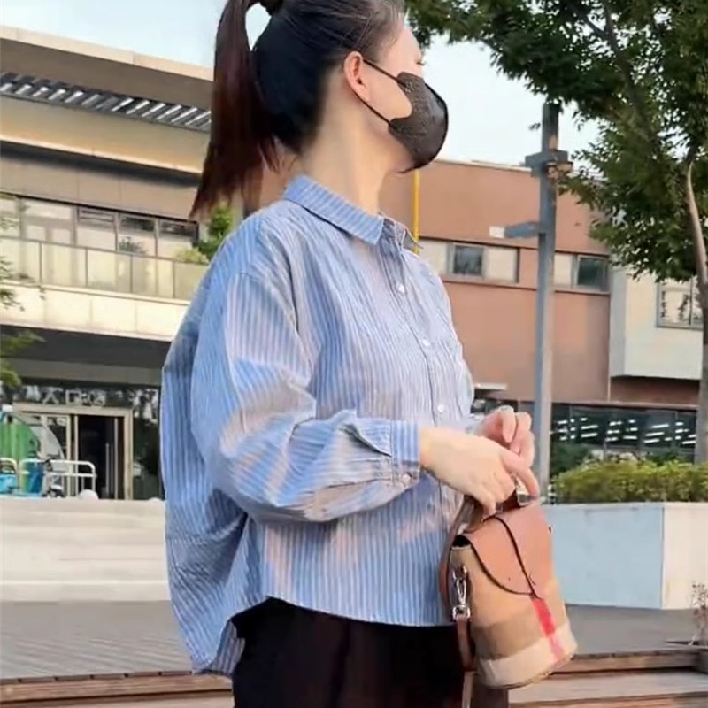 条纹衬衫女短款小个子法式上衣秋季新款2025韩宽松高级感气质衬衣