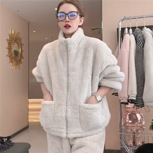 保暖宽松慵懒流行家居服 新款 加绒加厚珊瑚绒睡衣女套装 外穿冬季