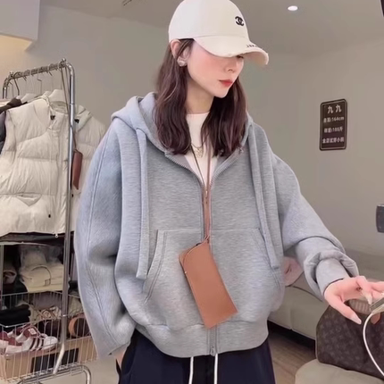 加绒加厚卫衣外套女短款秋冬新款2024韩宽松高级感小个子连帽上衣