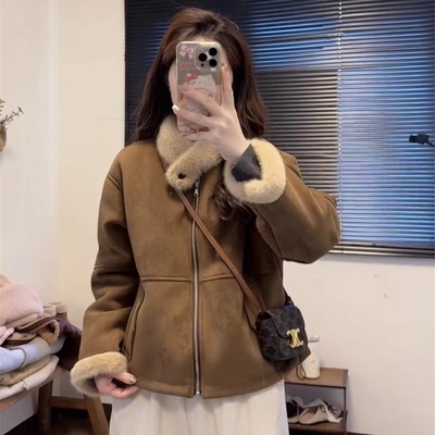 麂皮绒羊羔毛外套女短款加绒加厚