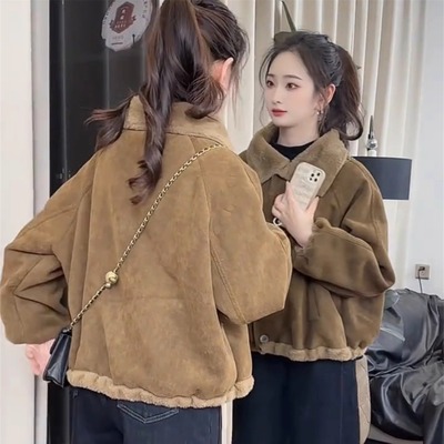 麂皮绒羊羔毛外套女短款加绒加厚