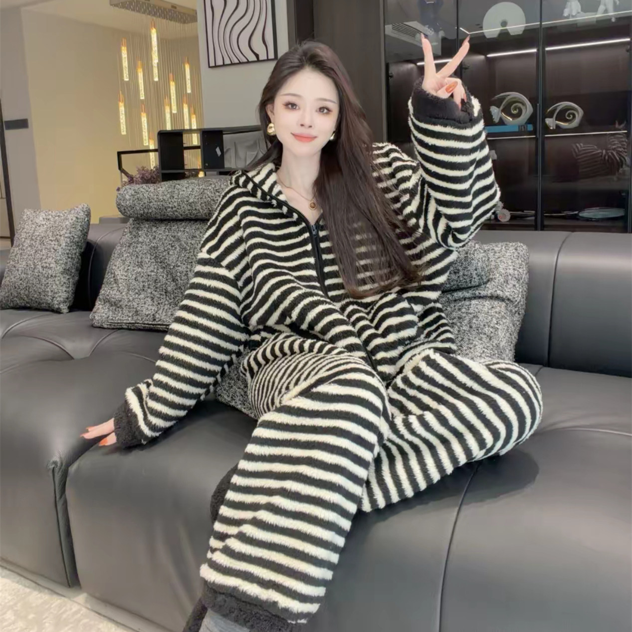 加绒加厚家居服睡衣女套装冬季