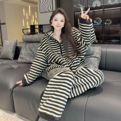 加绒加厚家居服睡衣女套装冬季