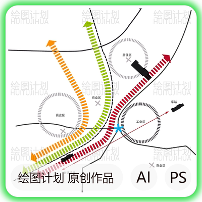 流线分析图psd分层素材源文件 动线人流分析图ai手绘箭头虚线配色