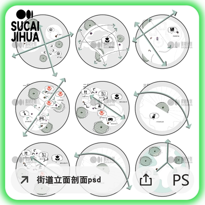 竞赛风流线分析图psd素材，交通道路动线规划，建筑室内功能分区