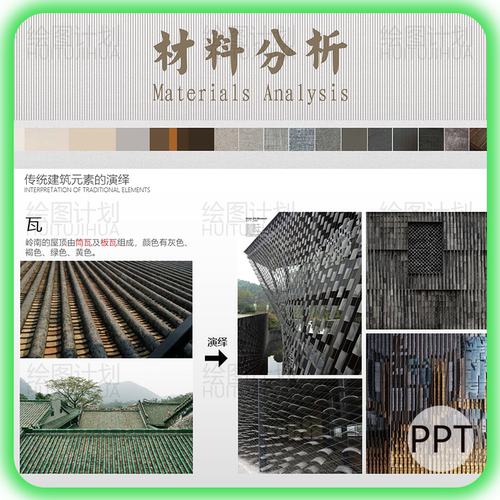 建筑材质分析ppt文本 室内景观设计主题 概念元素提取 材料意向