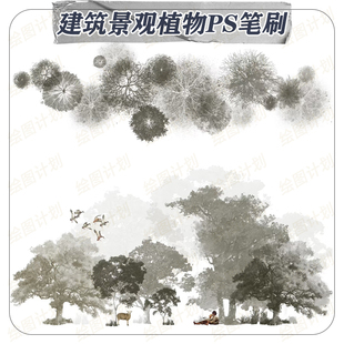 复古油画景观植物树木平面立面ps素材 山石草地云朵笔刷abr格式