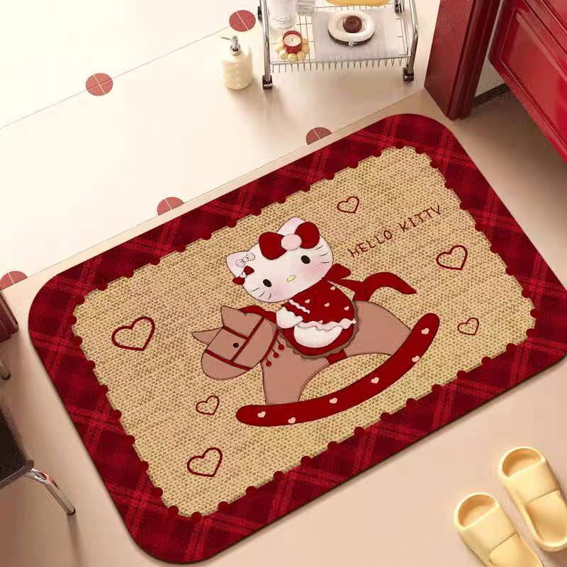 复古红色Kitty猫卡通硅藻泥吸水浴室卫生间门口垫子厕所防滑脚垫,居家布艺,家用脚垫,淘宝优惠券,粉丝福利购,淘宝优惠卷