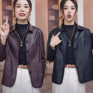 减龄短款 气质时尚 宽松翻领机车皮夹克外套 新款 海宁皮衣女2025秋季