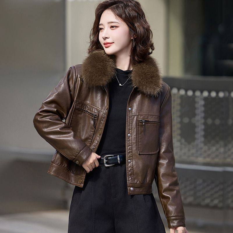 海宁皮衣外套女2026冬季新款韩版加绒加厚休闲时尚短款保暖皮夹克