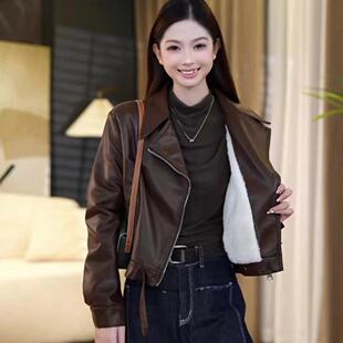 海宁加绒加厚皮衣外套女2025冬季新款时尚洋气宽松机车短款皮夹克