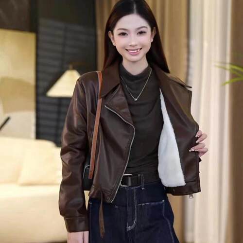 海宁加绒加厚皮衣外套女2026冬季新款时尚洋气宽松机车短款皮夹克