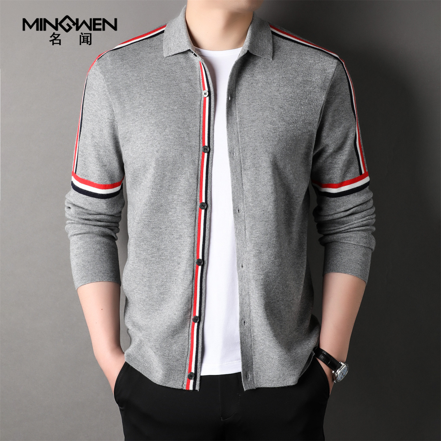 翻领针织开衫男秋冬薄款时尚潮流高级感痞帅条纹拼色宽松毛衣外套