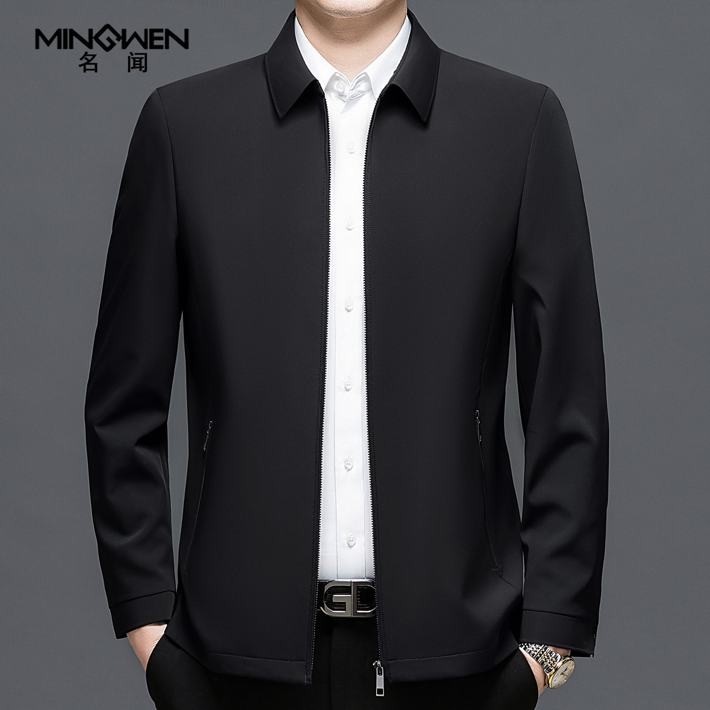 翻领夹克衫男春秋薄款时尚休闲商务行政通勤宽松中年爸爸休闲外套